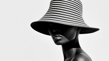 Beautiful African American woman with glossy lips wearing an elegant wide-brimmed hat. Chiseled, clear oval face and black skin. Perfection, quiet luxury style. Copy space