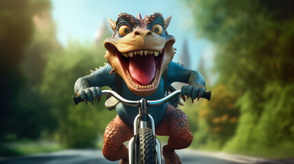 Smiling green 3d dragon on a bike bicycle on a forest background. Symbol of 2024.