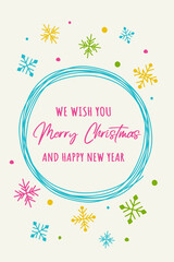 Hand drawn Christmas snowflakes. Colourful greeting card. Vector illustration