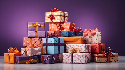 A Pile of Wrapped Gifts in Orange, Blue, Purple and Gold