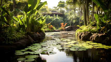 Lush Botanical Garden with a Pond Full of Lilly Pads