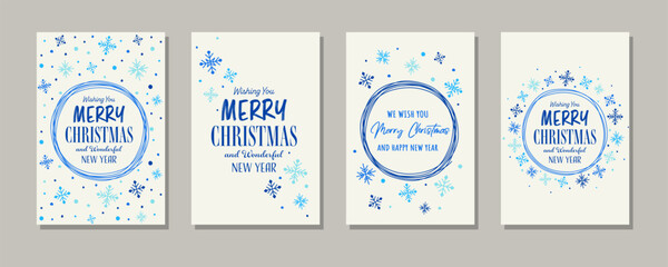 Collection of colourful Christmas greeting cards with snowflakes. Vector illustration
