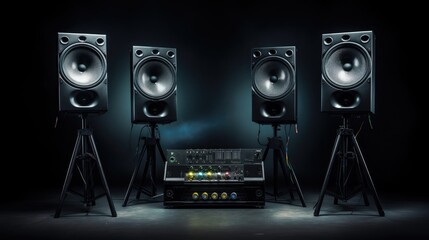 High-end professional audio speakers on sleek tripods, delivering powerful sound in a studio setting against - obrazy, fototapety, plakaty