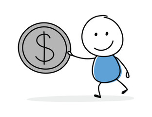 Funny cartoon stickman holding dollar icon. Hand drawn design for a business presentation. Vector illustration