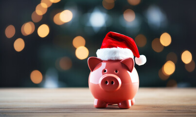 Festive piggy bank wearing a santa hat. Christmas savings and cost. Seasonal budget - obrazy, fototapety, plakaty