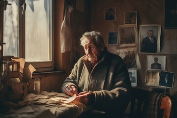 Elderly man sitting by the window in an old apartment, old photo in hand, loneliness - obrazy, fototapety, plakaty