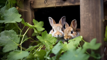 Bunny Rabbits Peaking Out From Beneath an Old, Rustic Fence, Surrounded by Plants