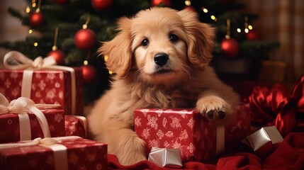 dog with christmas gifts