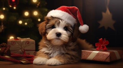 puppy in santa claus hat