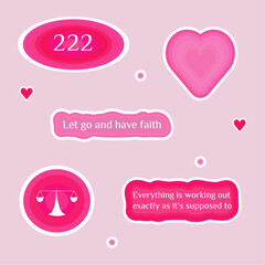 Numerology angel numbers 222 stickers. Set of illustrations for vision board of sunset, flower, plant and motivational quote