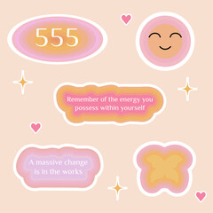 Numerology angel numbers 555 stickers. Set of illustrations for vision board of smile face, motivational quotes and butterfly