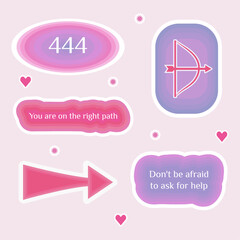 Numerology angel numbers 444 stickers. Set of illustrations for vision board of sunset, flower, plant and motivational quote