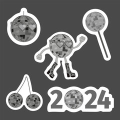 2024 black and white retro disco stickers. Set of party illustrations. Disco ball dancing