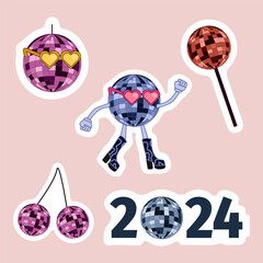 2024 colourful retro disco stickers. Set of party illustrations. Disco ball dancing