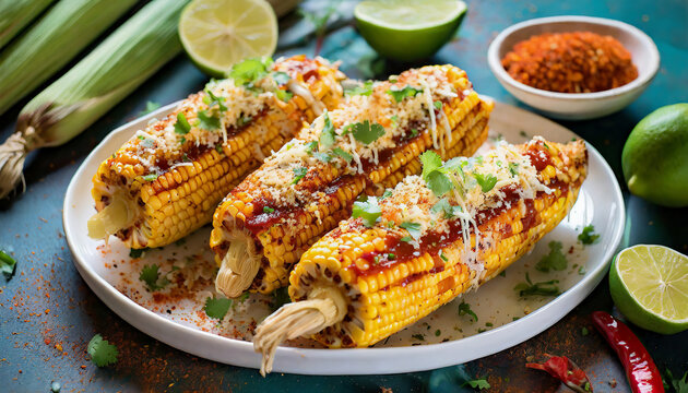 Rich Mexican street corn, Elote. Mexican food.