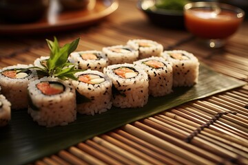Set of sushi roll on a bamboo mat, highlighting the artistry of sushi presentation