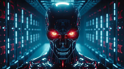 Evil robot with red glowing eyes is inside of data center. Postproducted generative AI illustration. - obrazy, fototapety, plakaty