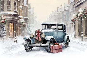 Vintage illustration of a vintage car decorated with garlands and gifts