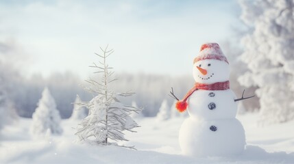 Fototapeta premium The Christmas snowman is in the middle of a snowy sunny forest. Christmas concept
