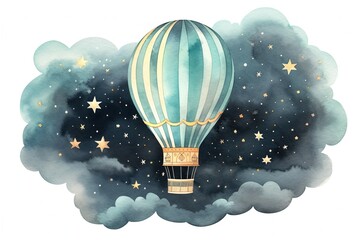 Dreamy Night Sky Hot Air Balloon Watercolor Painting