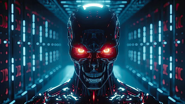 Evil robot with red glowing eyes is inside of data center. Postproducted generative AI illustration.