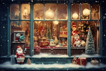 A storefront, antique toys and snow patterns on the glass, an old postcard - obrazy, fototapety, plakaty