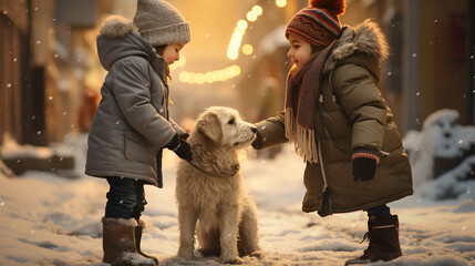 kids plaiyng with dog in winter town - obrazy, fototapety, plakaty