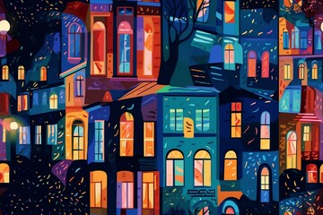 Fototapeta na wymiar Seamless pattern: illustration of a European city street with houses and roofs, night scene, holiday mood. Generated AI