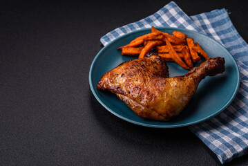 Delicious grilled chicken leg or quarter with salt and spices