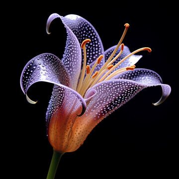 A purple lily flower has purple spots on them, in the style of dark white and orange