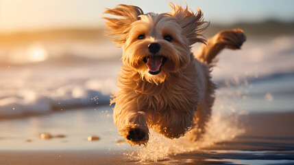 Terrier Dog Running on Beach, Golden Sunlight - obrazy, fototapety, plakaty