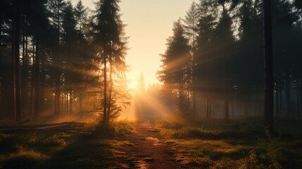 Fototapeta na wymiar Sunrise in the Foggy Forest 