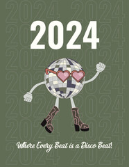 2024 new year poster. Party invitation with disco ball character dance. Celebrate with dance
