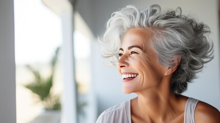  Beautiful gorgeous 50s mid age beautiful elderly senior model white woman at home with grey hair laughing and smiling. Mature old lady close up portrait, generative ai
