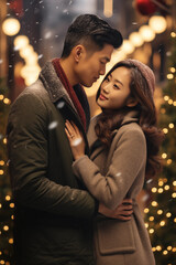 Obraz na płótnie Canvas young Asian couple in love - Christmas Xmas season - decorated Christmas lights bokeh - about to kiss