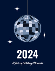2024 year. New Year poster. Party invitation with disco ball