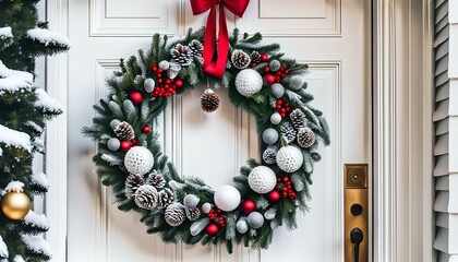 close up of a Christmas wreath hanging on entrance door, christmas decoration wreath on door close up, Elegant Christmas wreath on wooden door in snowy day.