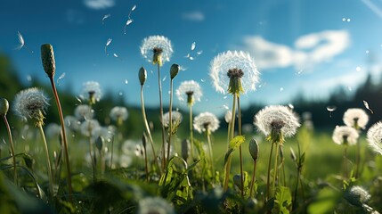 Dandelion seeds blowing in the wind. Beautiful nature background. Springtime Concept with a Copy Space. Mothers Day Concept.