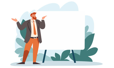 Flat vector illustration. A man in a suit gesticulating and telling something, making a presentation. Large banner and space for your text on it . Vector illustration