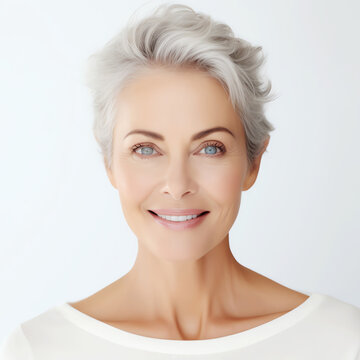 portrait of mature woman with white hair, AI generated
