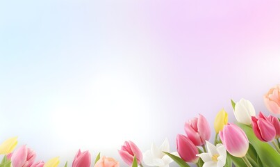 spring floral background with tulps and copy space. Generative AI