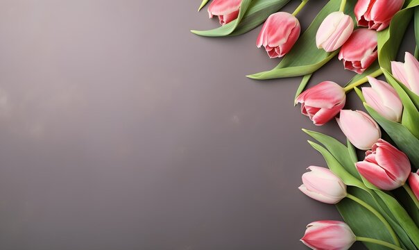 spring floral background with tulps and copy space. Generative AI
