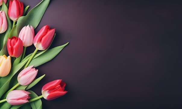 spring floral background with tulps and copy space. Generative AI
