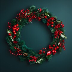 Fototapeta na wymiar Christmas wreath isolated on a plain background. Festive round frame. Generative AI