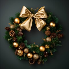 Fototapeta na wymiar Christmas wreath made of pine and spruce branches with golden balls and cones and a satin ribbon isolated on a plain background. Generative AI