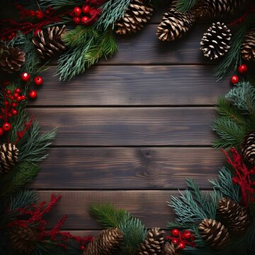 photo of Christmas pine, firry wreath, red berries, pine cones on a wooden background. Festive winter decoration background. Generative AI