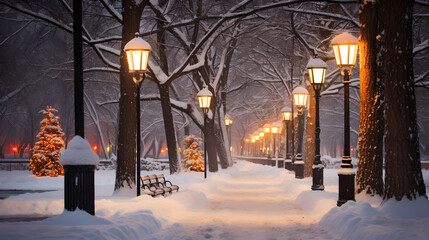 Snow Covered Path Through Lamplit Park at Night with Trees