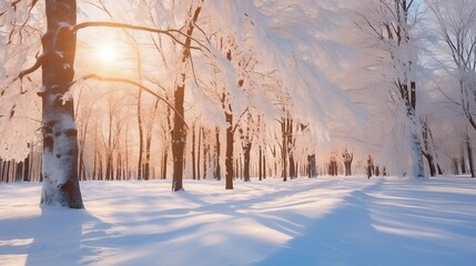 Snowy tree forest in a snow sunny day, natural light