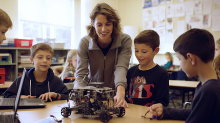 Fototapeta premium Teacher and students, mechanical robot programming, young students
