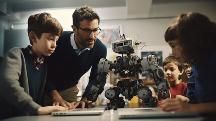 Teacher and students, mechanical robot programming, young students